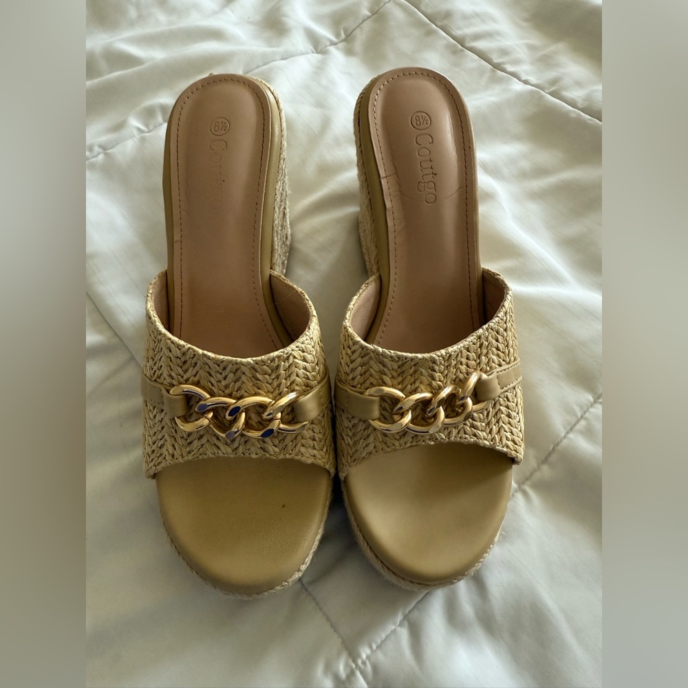 Women's Tan Woven Slide Wedges